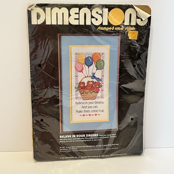 Dimensions Other - VTG Dimensions Believe In Your‎ Dreams Stamped Cross Stitch 3053 Bears Cottage